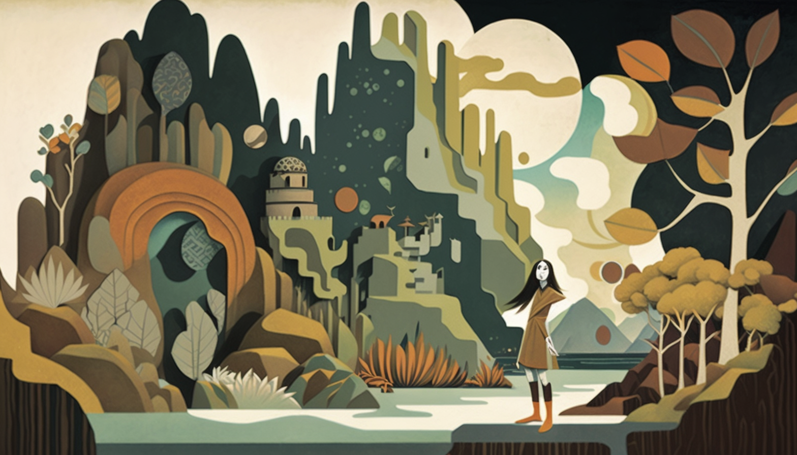 a surreal dreamlike landscape with floating islands waterfalls and strange creatures also the colors are muted with a focus on earthy tones like brown green and blue